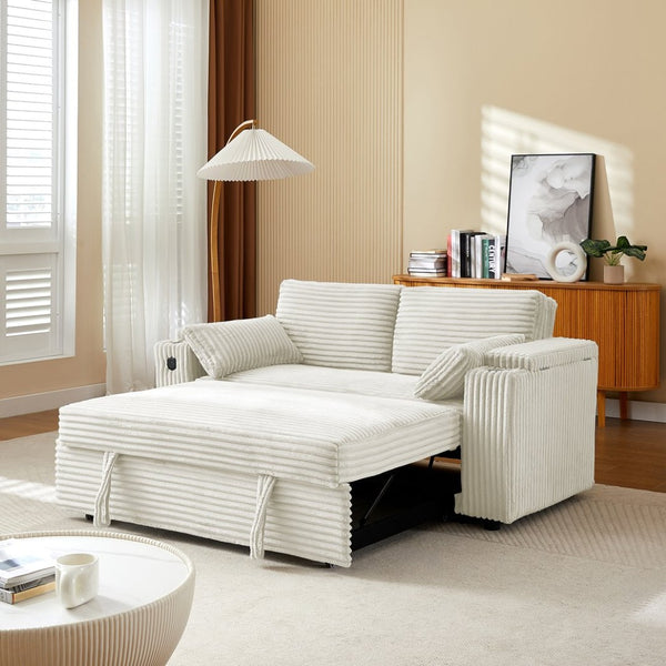 English Elm Beige Convertible Sleeper Loveseat with Storage Armrests and USB Charging Port W588P444893