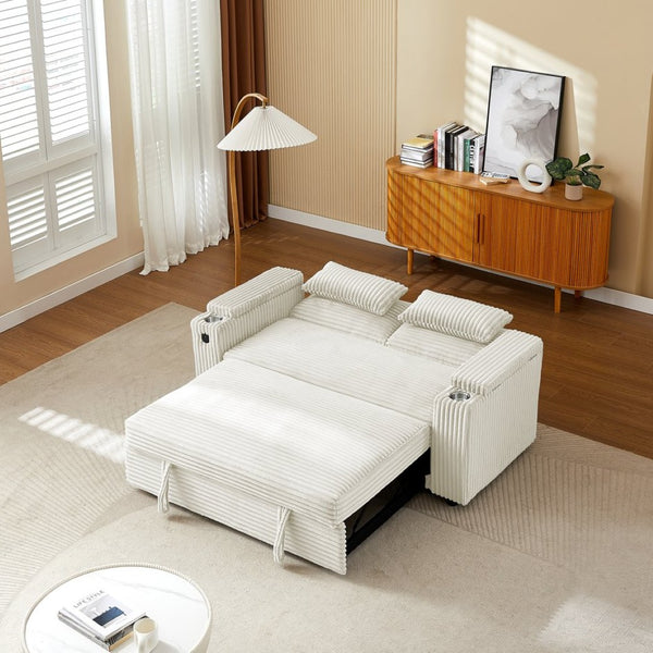 English Elm Beige Convertible Sleeper Loveseat with Storage Armrests and USB Charging Port W588P444893