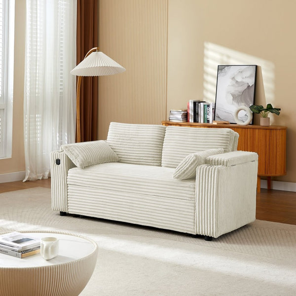 English Elm Beige Convertible Sleeper Loveseat with Storage Armrests and USB Charging Port W588P444893