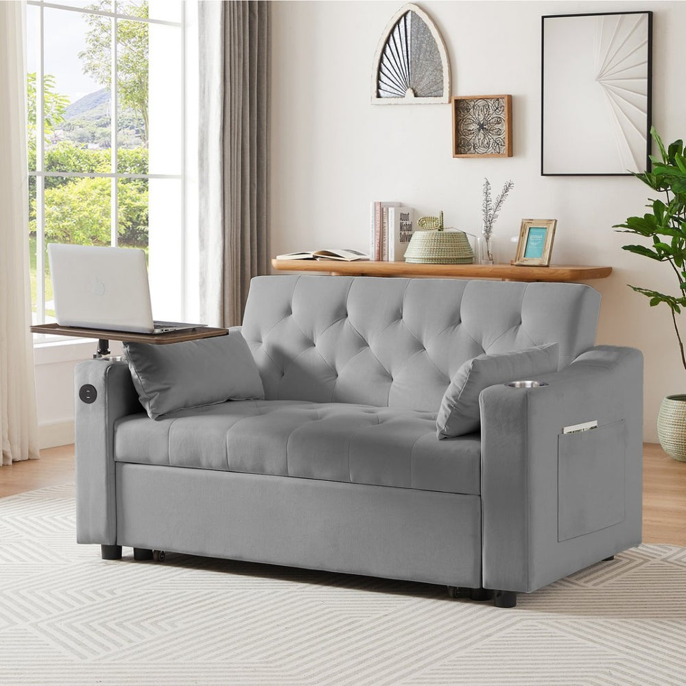 English Elm Grey Velvet Sleeper Sofa with Tufted Quilted Seat Usb Charging and Rotating Tray Table W588P453420
