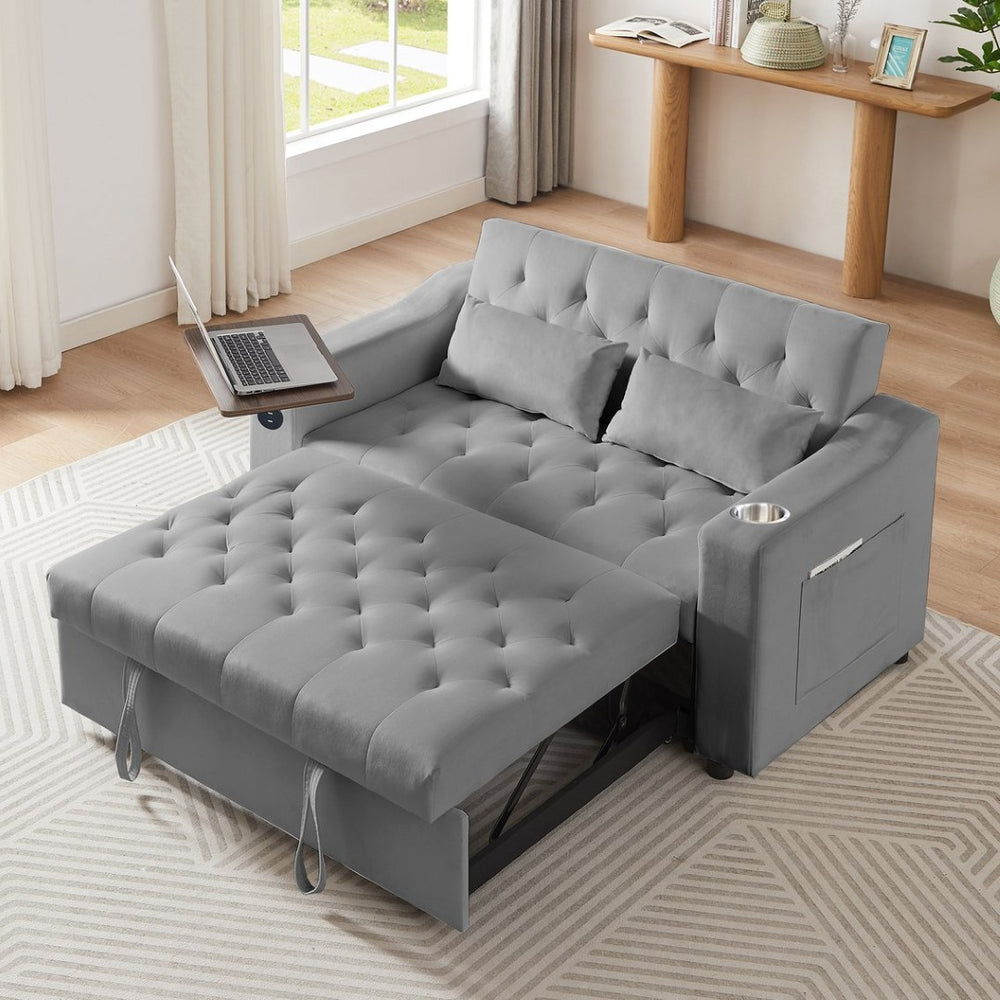 English Elm Grey Velvet Sleeper Sofa with Tufted Quilted Seat Usb Charging and Rotating Tray Table W588P453420