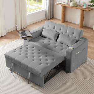 English Elm Grey Velvet Sleeper Sofa with Tufted Quilted Seat Usb Charging and Rotating Tray Table W588P453420
