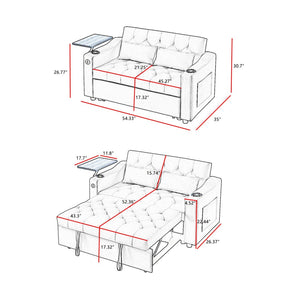 English Elm Grey Velvet Sleeper Sofa with Tufted Quilted Seat Usb Charging and Rotating Tray Table W588P453420