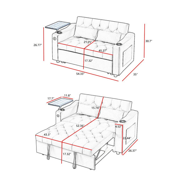 English Elm Grey Velvet Sleeper Sofa with Tufted Quilted Seat Usb Charging and Rotating Tray Table W588P453420