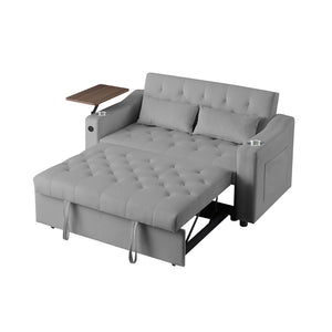 English Elm Grey Velvet Sleeper Sofa with Tufted Quilted Seat Usb Charging and Rotating Tray Table W588P453420