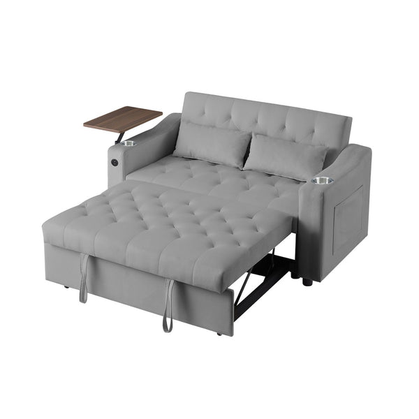 English Elm Grey Velvet Sleeper Sofa with Tufted Quilted Seat Usb Charging and Rotating Tray Table W588P453420