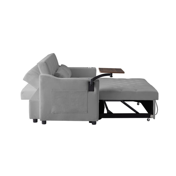 English Elm Grey Velvet Sleeper Sofa with Tufted Quilted Seat Usb Charging and Rotating Tray Table W588P453420