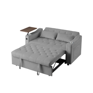 English Elm Grey Velvet Sleeper Sofa with Tufted Quilted Seat Usb Charging and Rotating Tray Table W588P453420
