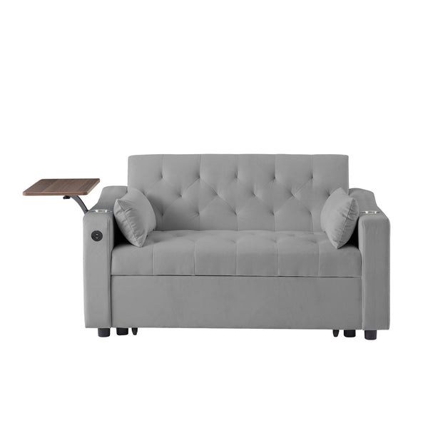 English Elm Grey Velvet Sleeper Sofa with Tufted Quilted Seat Usb Charging and Rotating Tray Table W588P453420