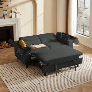 English Elm Dark Charcoal Chenille Convertible Sofa with Built-In USB Port and Attached Side Table W588S00084