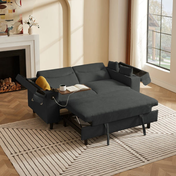 English Elm Dark Charcoal Chenille Convertible Sofa with Built-In USB Port and Attached Side Table W588S00084