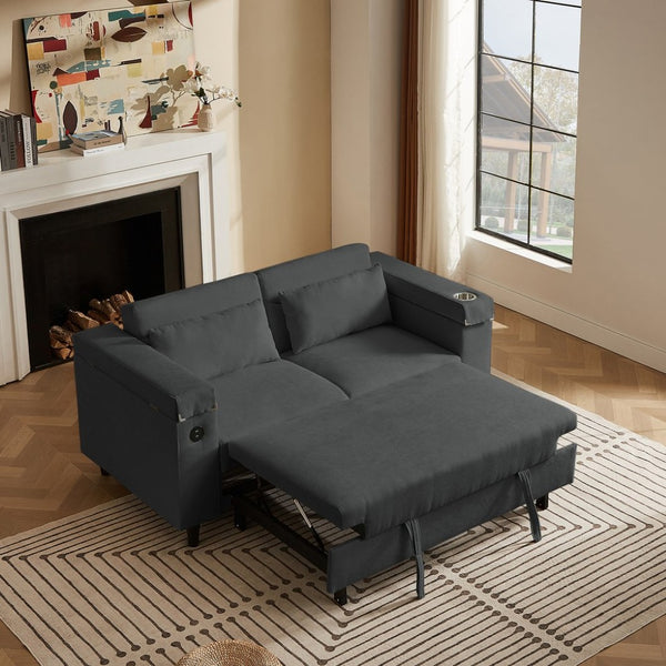 English Elm Dark Charcoal Chenille Convertible Sofa with Built-In USB Port and Attached Side Table W588S00084