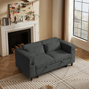 English Elm Dark Charcoal Chenille Convertible Sofa with Built-In USB Port and Attached Side Table W588S00084