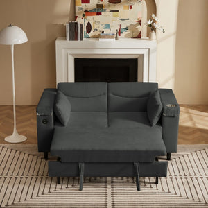 English Elm Dark Charcoal Chenille Convertible Sofa with Built-In USB Port and Attached Side Table W588S00084