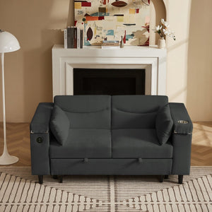 English Elm Dark Charcoal Chenille Convertible Sofa with Built-In USB Port and Attached Side Table W588S00084