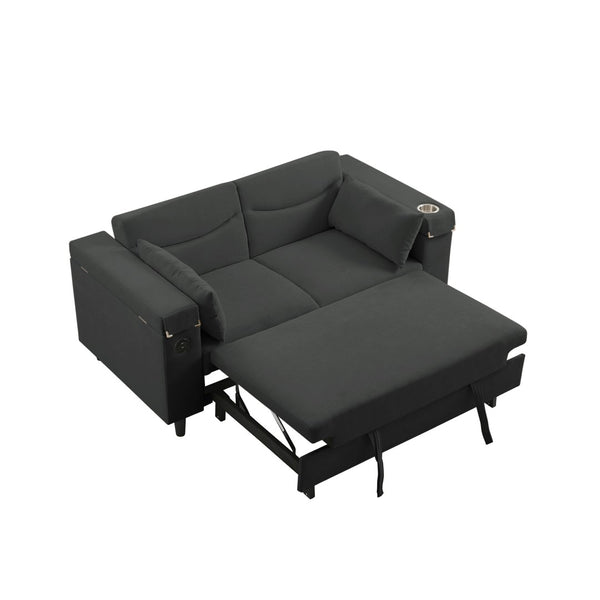 English Elm Dark Charcoal Chenille Convertible Sofa with Built-In USB Port and Attached Side Table W588S00084