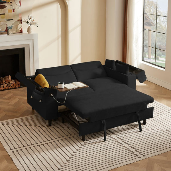 English Elm Black Chenille Convertible Sofa with Attached Side Table USB Port and Hidden Storage W588S00085