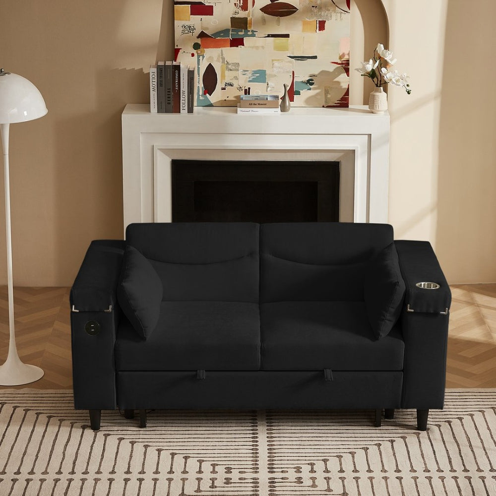 English Elm Black Chenille Convertible Sofa with Attached Side Table USB Port and Hidden Storage W588S00085