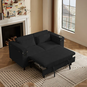 English Elm Black Chenille Convertible Sofa with Attached Side Table USB Port and Hidden Storage W588S00085