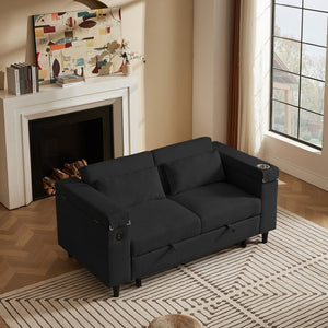 English Elm Black Chenille Convertible Sofa with Attached Side Table USB Port and Hidden Storage W588S00085