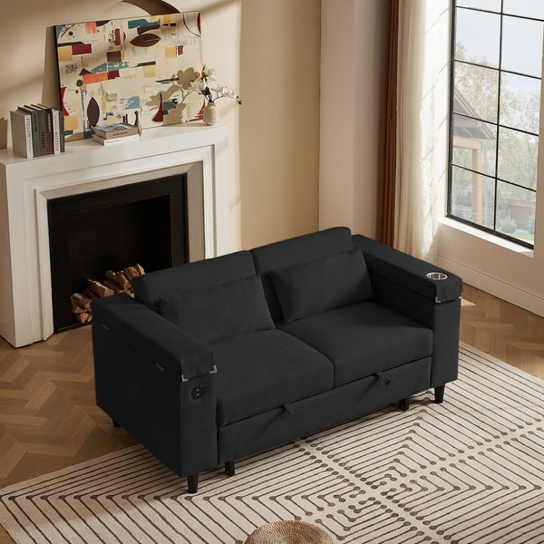 English Elm Black Chenille Convertible Sofa with Attached Side Table USB Port and Hidden Storage W588S00085