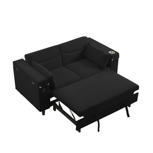 English Elm Black Chenille Convertible Sofa with Attached Side Table USB Port and Hidden Storage W588S00085