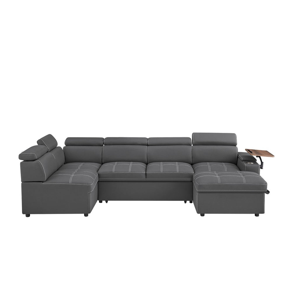 English Elm Grey Fabric Sleeper Sectional with Tufted Cushions USB Port and Storage Ottoman W588S00094