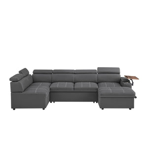 English Elm Grey Fabric Sleeper Sectional with Tufted Cushions USB Port and Storage Ottoman W588S00094