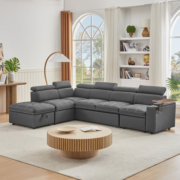 English Elm Grey Fabric Sleeper Sectional with Tufted Cushions USB Port and Storage Ottoman W588S00094