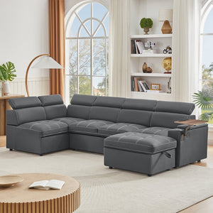 English Elm Grey Fabric Sleeper Sectional with Tufted Cushions USB Port and Storage Ottoman W588S00094