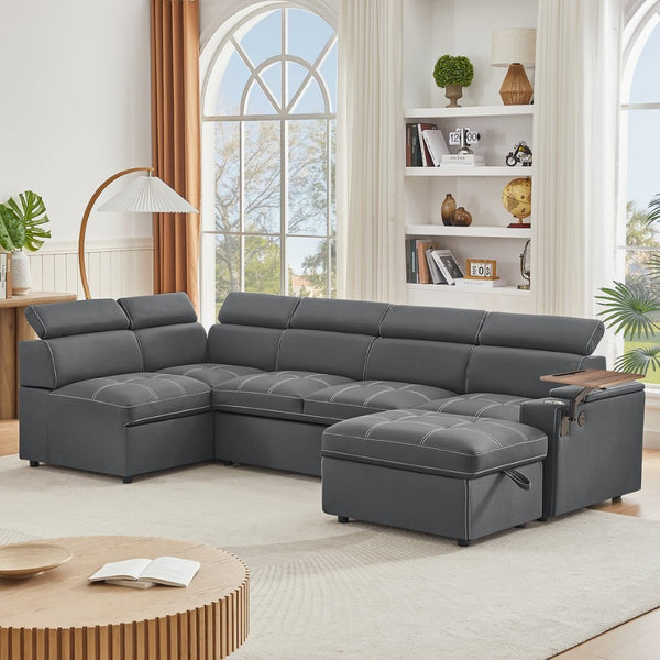 English Elm Grey Fabric Sleeper Sectional with Tufted Cushions USB Port and Storage Ottoman W588S00094
