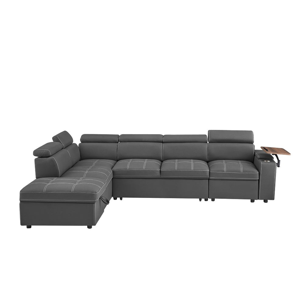 English Elm Grey Fabric Sleeper Sectional with Tufted Cushions USB Port and Storage Ottoman W588S00094