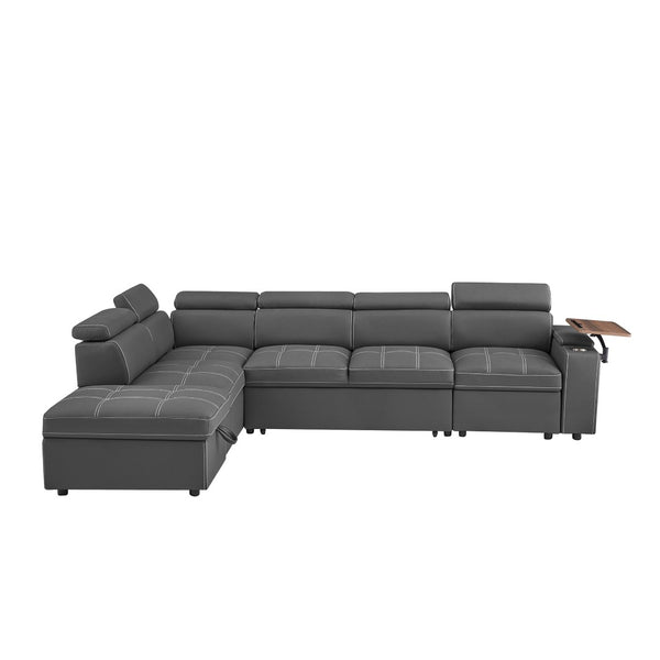 English Elm Grey Fabric Sleeper Sectional with Tufted Cushions USB Port and Storage Ottoman W588S00094