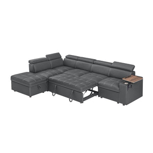 English Elm Grey Fabric Sleeper Sectional with Tufted Cushions USB Port and Storage Ottoman W588S00094