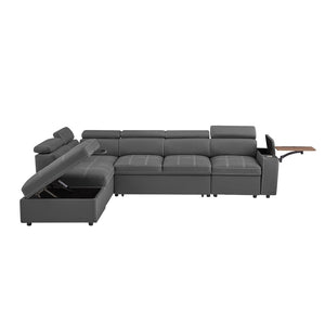 English Elm Grey Fabric Sleeper Sectional with Tufted Cushions USB Port and Storage Ottoman W588S00094