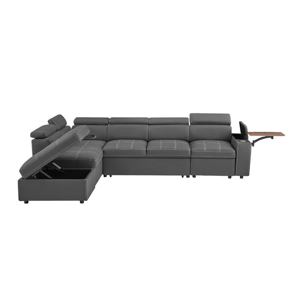 English Elm Grey Fabric Sleeper Sectional with Tufted Cushions USB Port and Storage Ottoman W588S00094