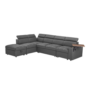 English Elm Grey Fabric Sleeper Sectional with Tufted Cushions USB Port and Storage Ottoman W588S00094