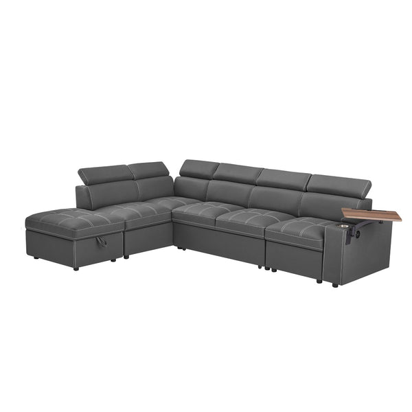 English Elm Grey Fabric Sleeper Sectional with Tufted Cushions USB Port and Storage Ottoman W588S00094
