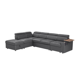 English Elm Grey Fabric Sleeper Sectional with Tufted Cushions USB Port and Storage Ottoman W588S00094