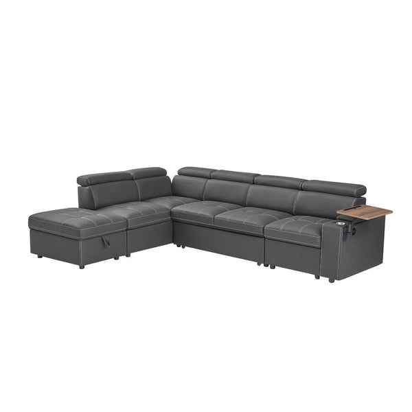 English Elm Grey Fabric Sleeper Sectional with Tufted Cushions USB Port and Storage Ottoman W588S00094