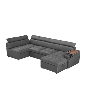 English Elm Grey Fabric Sleeper Sectional with Tufted Cushions USB Port and Storage Ottoman W588S00094