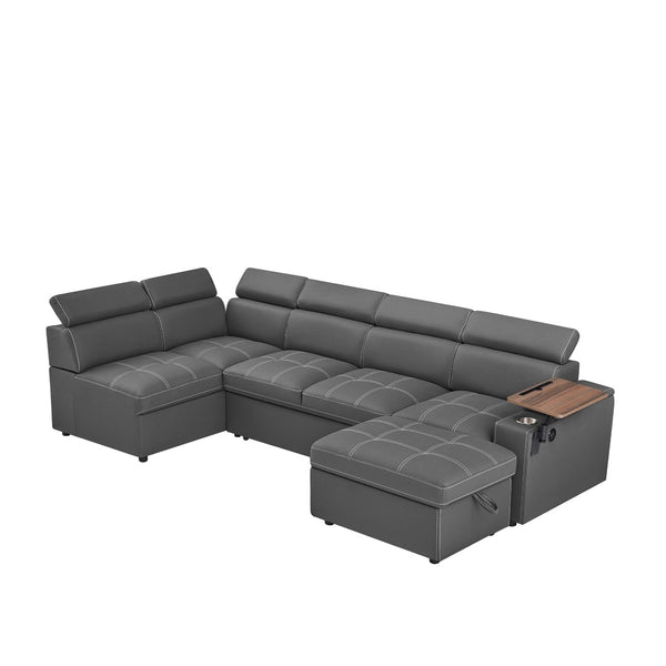 English Elm Grey Fabric Sleeper Sectional with Tufted Cushions USB Port and Storage Ottoman W588S00094