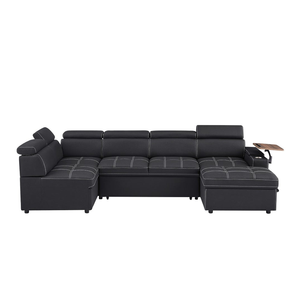 English Elm Black Tufted Fabric Sleeper Sectional with USB Charging Storage Ottoman Included W588S00095