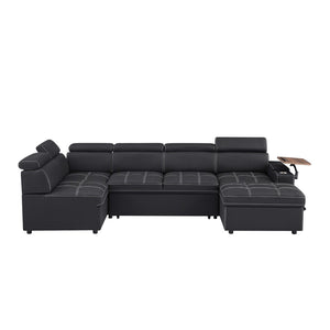 English Elm Black Tufted Fabric Sleeper Sectional with USB Charging Storage Ottoman Included W588S00095
