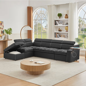 English Elm Black Tufted Fabric Sleeper Sectional with USB Charging Storage Ottoman Included W588S00095