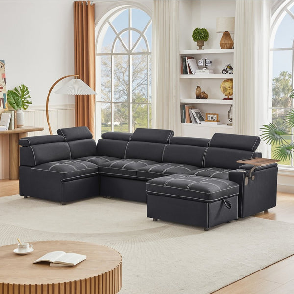 English Elm Black Tufted Fabric Sleeper Sectional with USB Charging Storage Ottoman Included W588S00095