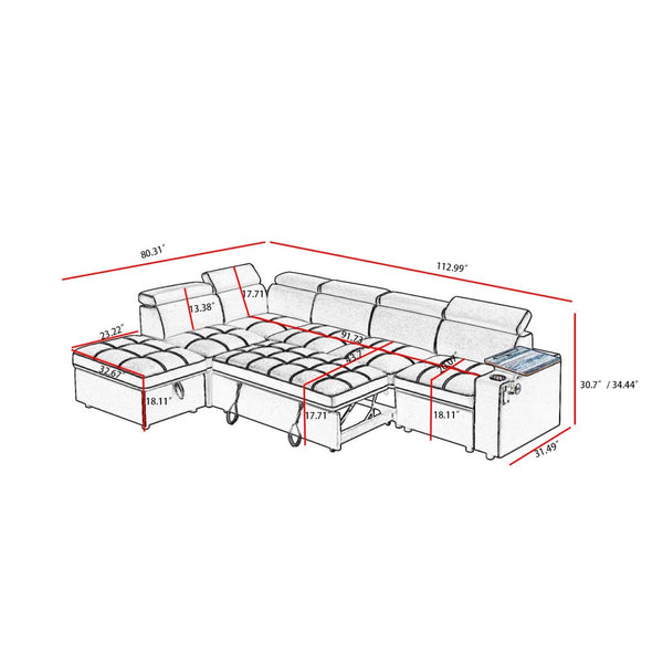 English Elm Black Tufted Fabric Sleeper Sectional with USB Charging Storage Ottoman Included W588S00095