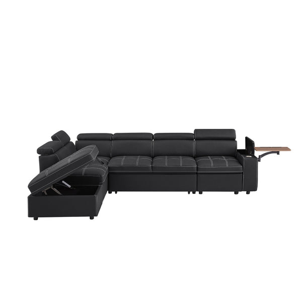 English Elm Black Tufted Fabric Sleeper Sectional with USB Charging Storage Ottoman Included W588S00095