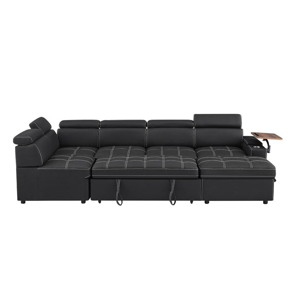 English Elm Black Tufted Fabric Sleeper Sectional with USB Charging Storage Ottoman Included W588S00095