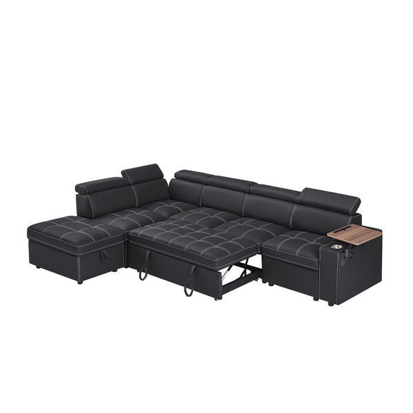 English Elm Black Tufted Fabric Sleeper Sectional with USB Charging Storage Ottoman Included W588S00095
